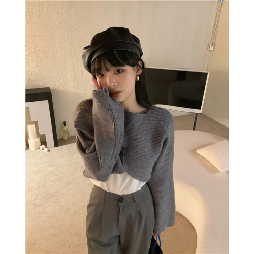 Korean style chic short loose and thin pullover knitted sweater women's apricot sweater coat 2022 autumn and winter new tops