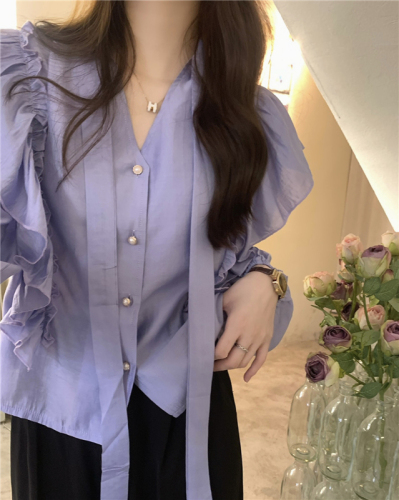 Real price purple V-neck retro chic shirt women's French ruffled design niche long-sleeved top