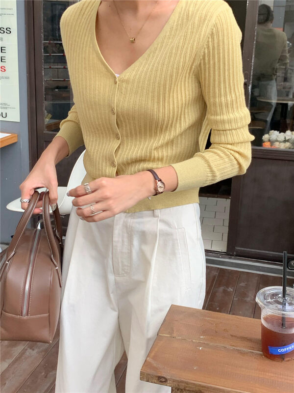 New in autumn! [Rina] Korean V-neck all-match knitted cardigan 323X099# ZXX