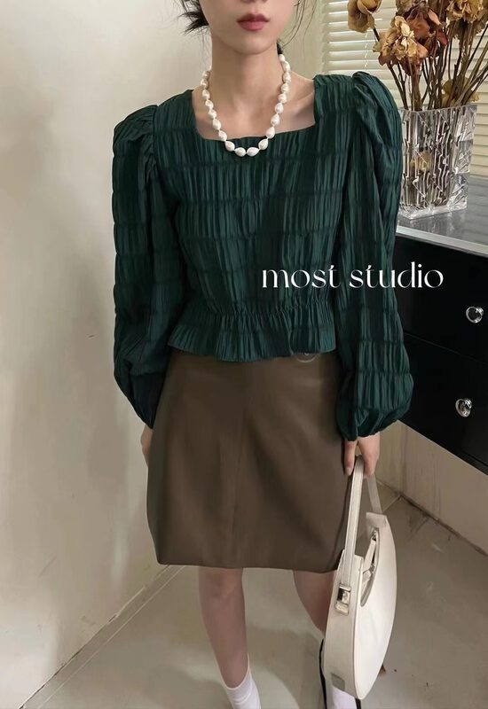 New in autumn! [MOST] round neck plaid lace sleeve small shirt (only small shirts are sold) 97530# ZJY