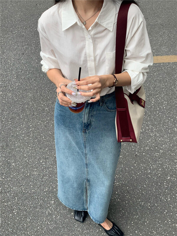 New in autumn! [Rina] Korean split mid-length denim skirt 523R062# ZXX
