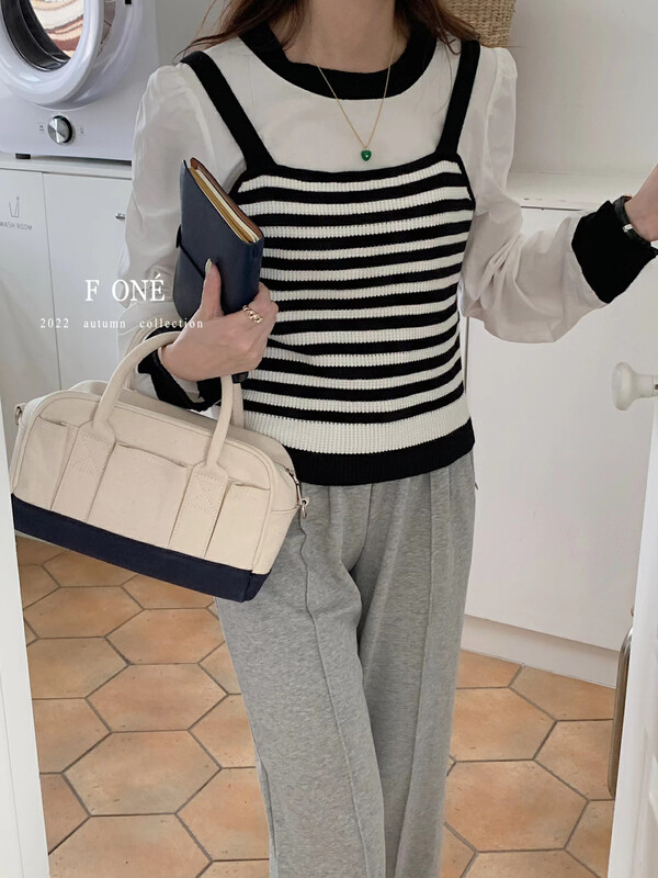 Autumn is new! [F ONE] Korean round neck shirt + striped knitted vest suit 26067# WPL