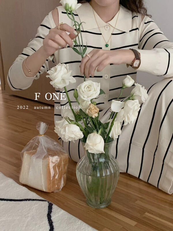New in early autumn! [F ONE] Korean ins striped knitted shoulder dress 26071# WPL