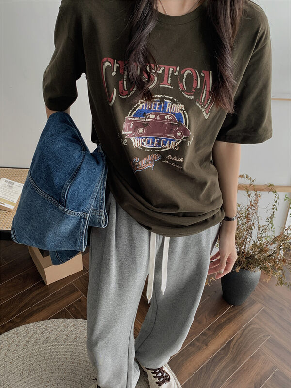 New in autumn! [Rina] American retro print round neck short-sleeved T-shirt 123C230# ZXX