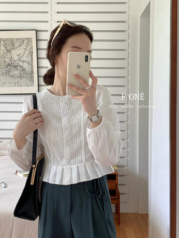 New in autumn! [F ONE] Korean retro embroidered lace stitching shirt 26098# WPL