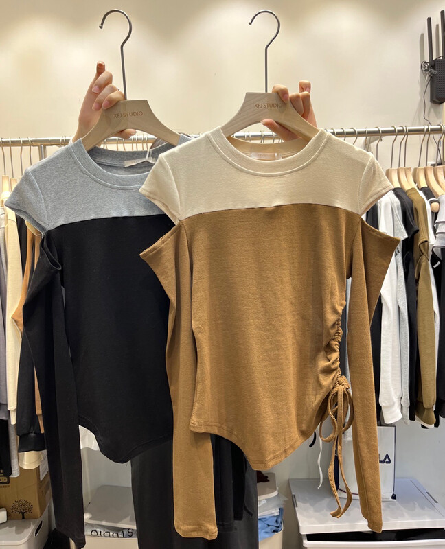 Autumn is new! [Xiaofanjia] Contrast color stitching off-shoulder side waist small shirt 518# LSW
