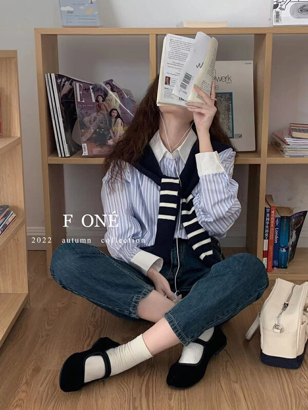Autumn is new!【F ONE】 Korean style casual casual color contrast striped loose shirt 26096# WPL