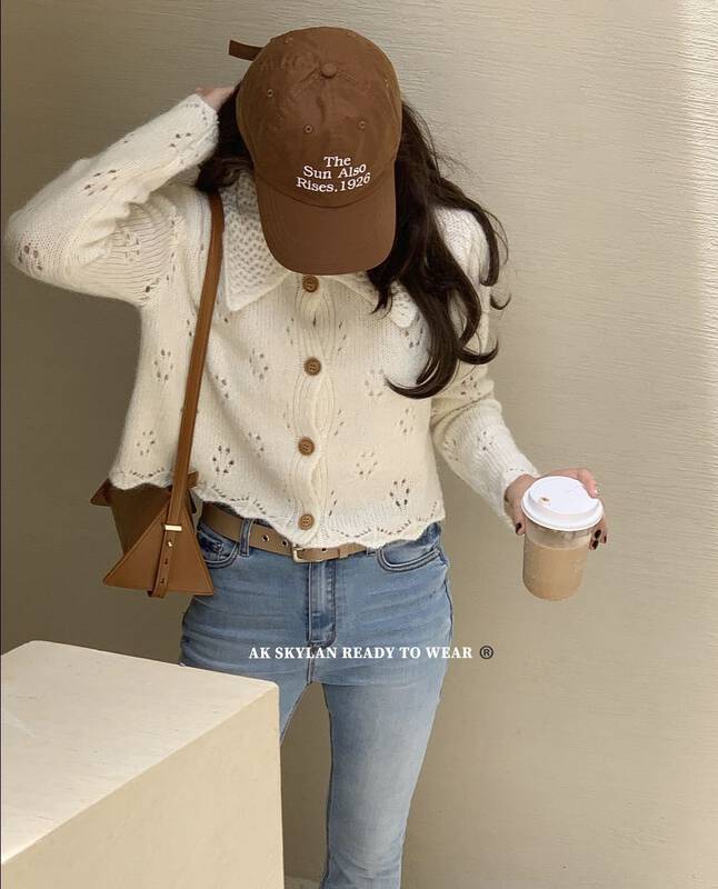 New in autumn!【A.K SKYLAN】Polo collar hollow out fresh temperament warm sweater 10120# ZXL