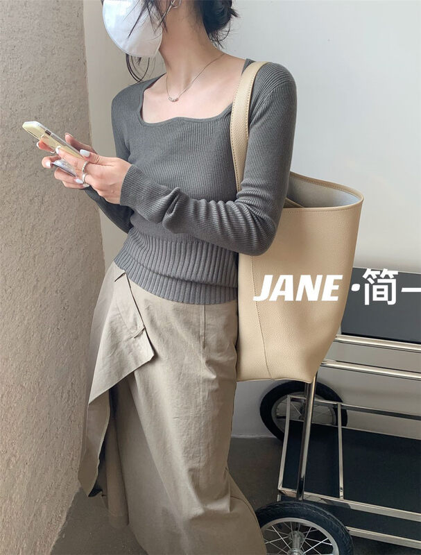 初秋上新!【JANE簡一】方領純色修身針織衫  5207#  ZXX