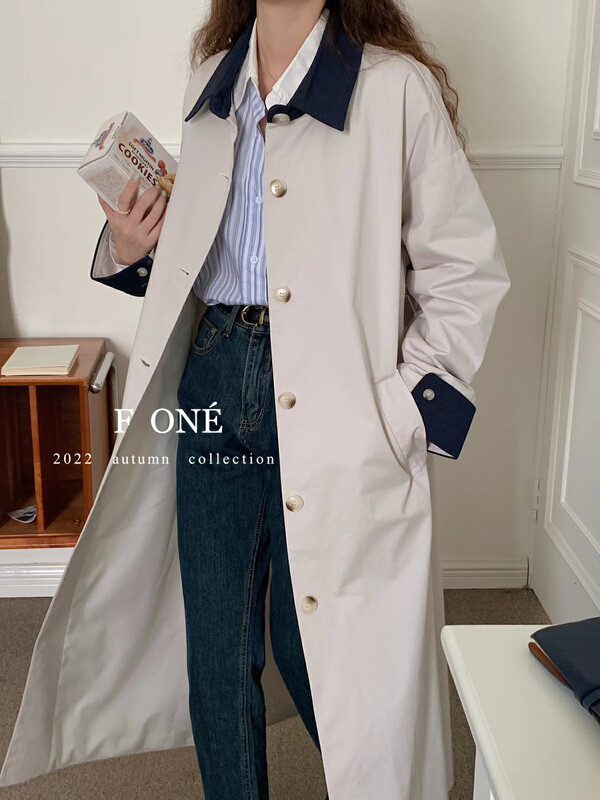 New in early autumn! [F ONE] Korean casual long windbreaker with contrasting color design (with belt) 26076# WPL