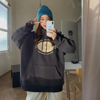 Plus velvet thickened Korean version of the new loose mid-length super fire salt series hooded large size printing long-sleeved sweater top women