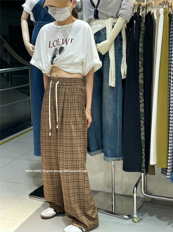 New in autumn!  [YANG-YANG] Elastic waist plaid contrast color casual pants c2081# CLS
