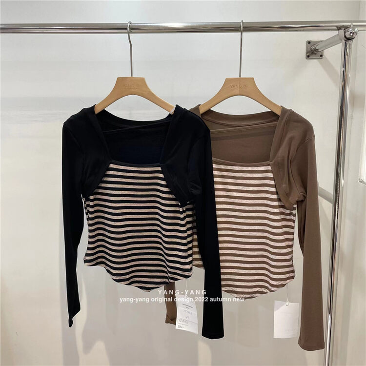 New in autumn! [YANG-YANG] Striped fake two-piece long-sleeved T-shirt (only T-shirts) C5121# CLS