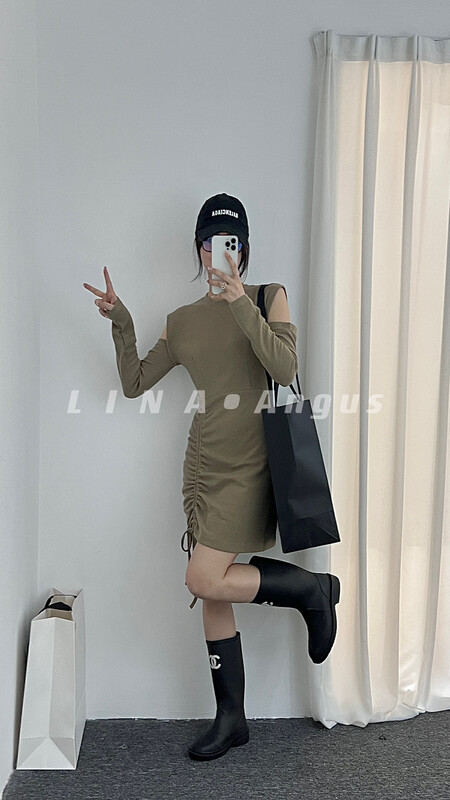 New in early autumn! [LINA] Western style drawstring waist slim dress 7030# HJY