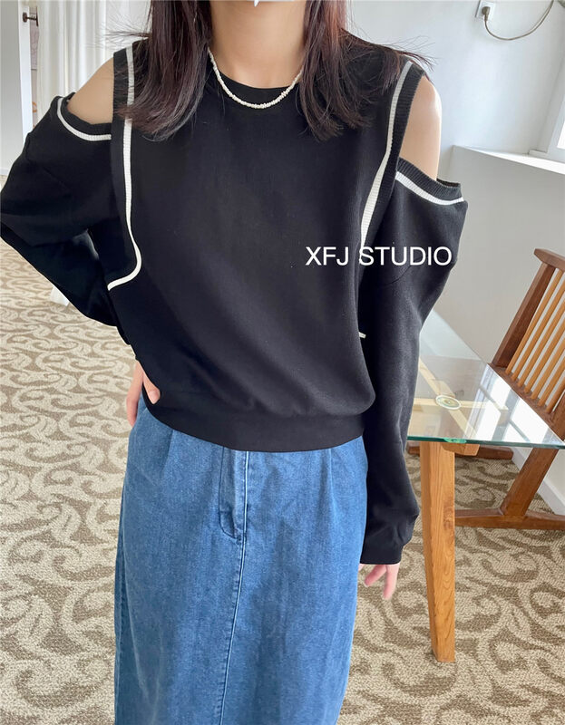 New in early autumn! [Xiaofanjia] Off-the-shoulder contrast color versatile long-sleeved T-shirt YS2-6053# LSW