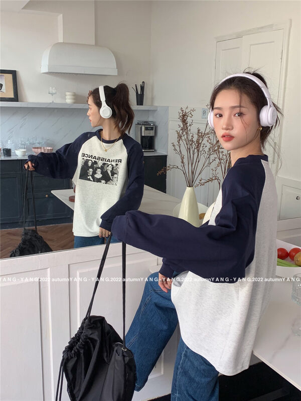New in early autumn! [YANG-YANG] Korean portrait print raglan long-sleeved T-shirt C5087# CLS