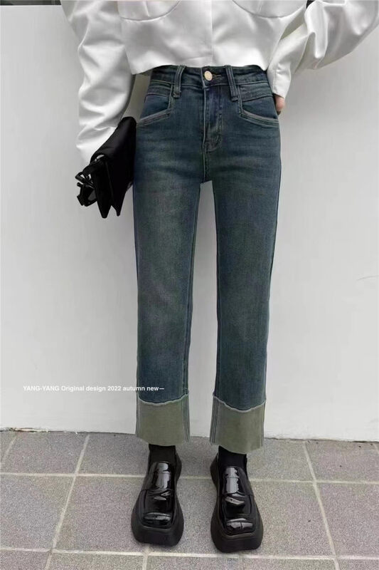 New in autumn! [YANG-YANG] Contrast color cuffed hem casual jeans Y9572# CLS