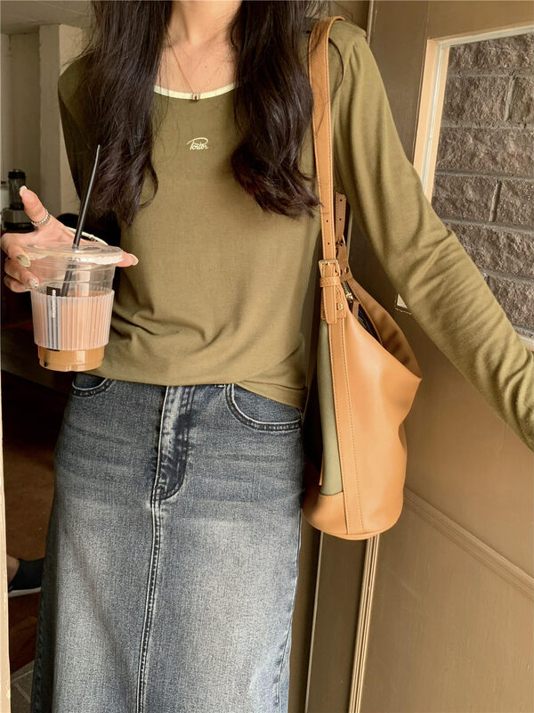 New in early autumn! [Rina] Korean style contrast color versatile long-sleeved T-shirt 123B007# ZXX