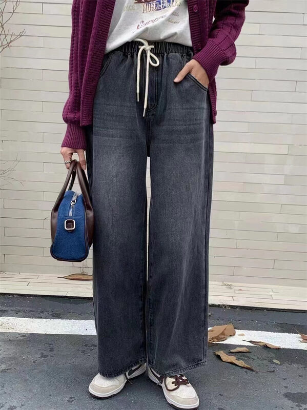 New in autumn! [Rina] Korean wide-leg all-match lace-up jeans 523U068# ZXX
