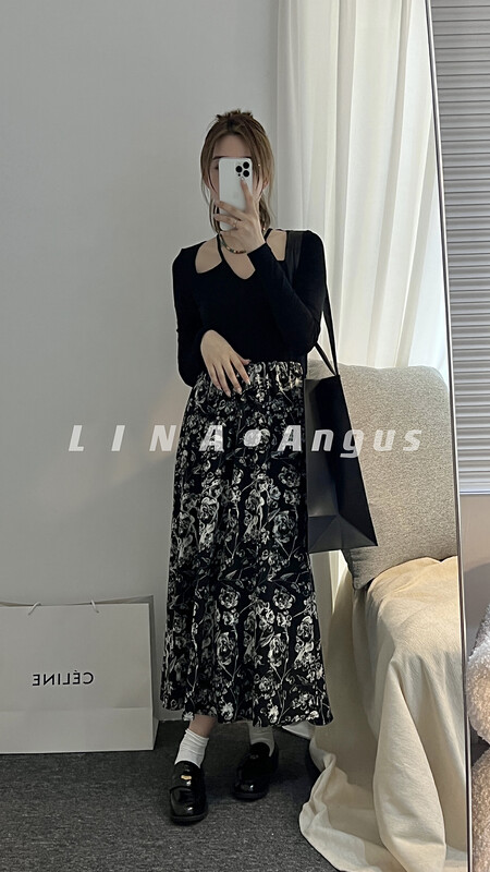 New in autumn! [LINA] halter neck stitching elastic waist floral dress 7081# HJY