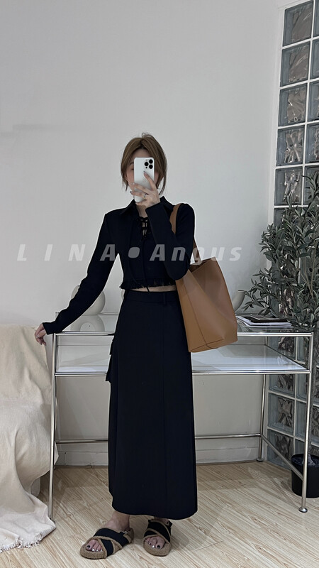 Autumn is new! [LINA] fringed fashion skirt + strap design sweater suit 7090# HJY