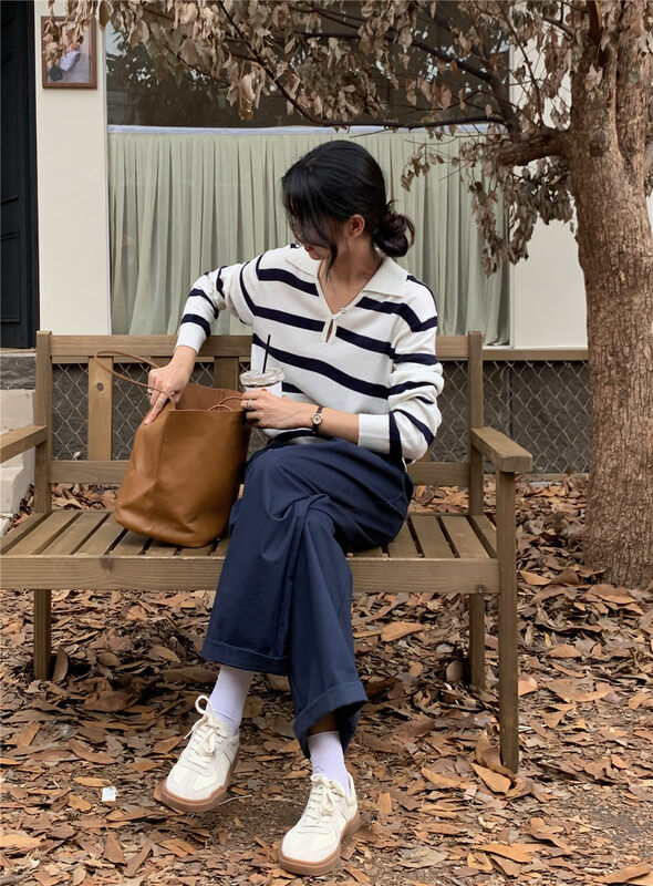 New in autumn! [Rina] Polo collar striped long-sleeved knitted cardigan 323X122# ZXX