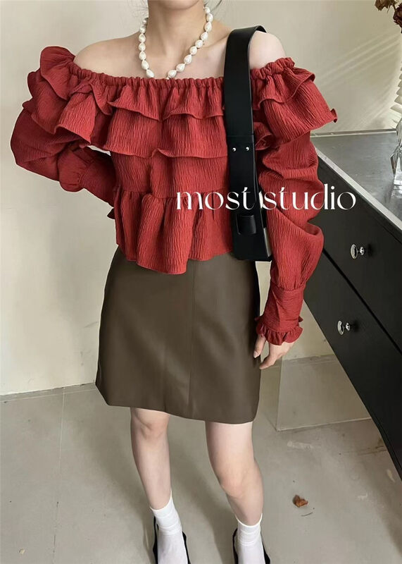 New in autumn!【MOST】Sweet shirt with ruffle with one word collar 97505# ZJY