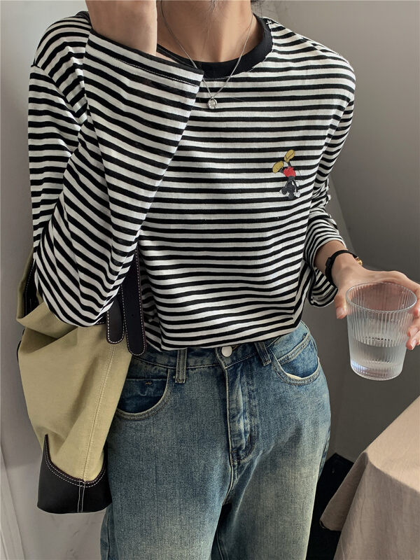 New in autumn! [Rina] Classic striped Mickey print loose long-sleeved T-shirt 123D010# ZXX