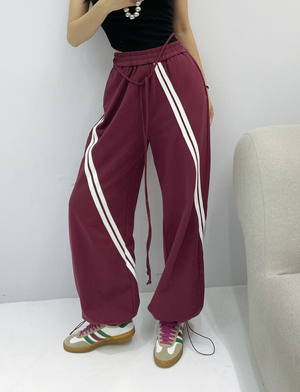 New in autumn! [Xixi] Simple color matching striped elastic waist casual pants 5150# OZQ
