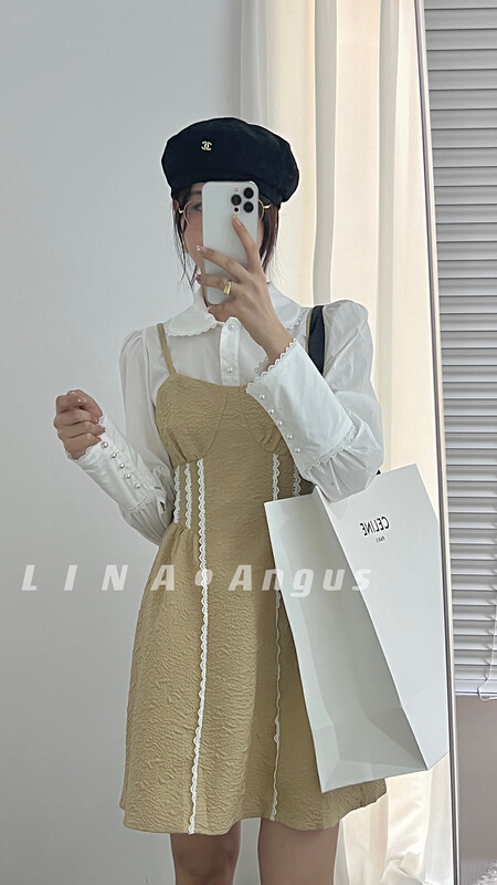New in early autumn! [LINA] French temperament high waist shirt + slim strap skirt suit 0069-1# HJY