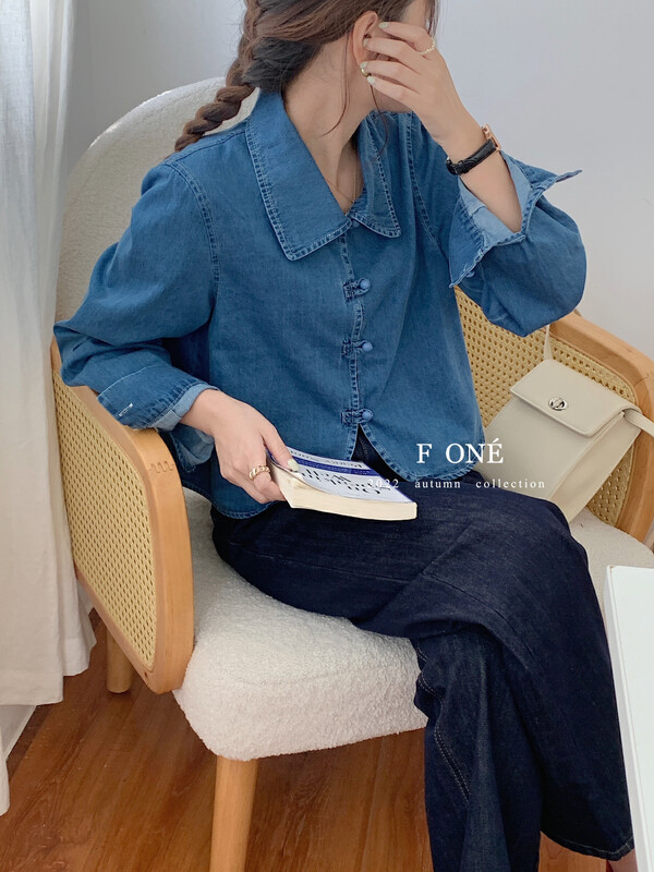New in autumn!【F ONE】New Chinese style buttoned retro denim shirt 26017# WPL