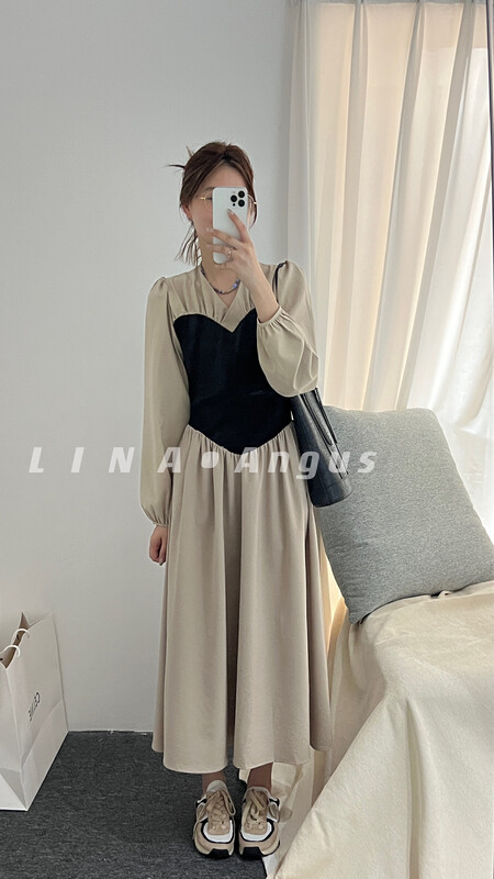 New in autumn!【LINA】Korean version of slim knitted stitching stretch dress 7083# HJY