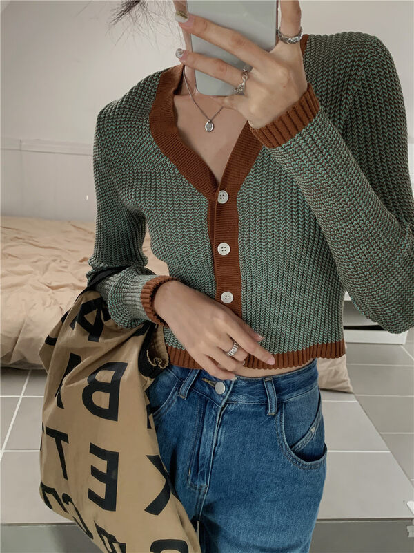 New in autumn! [Rina] V-neck color-blocking all-match knitted cardigan 323X083# ZXX