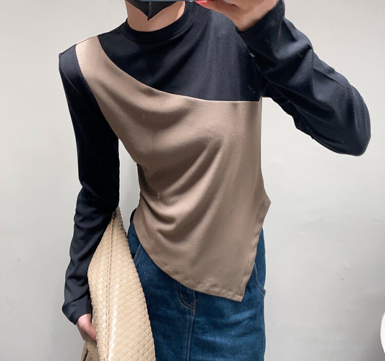 New in autumn! [Xixi] casual color-block beveled long-sleeved T-shirt 5189# OZQ
