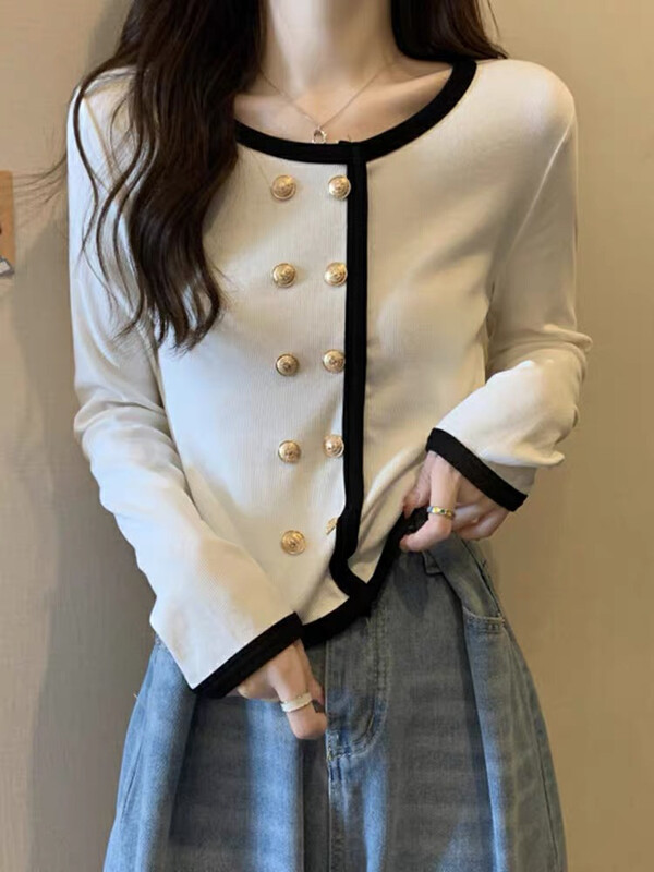 New in autumn! [Xiaofanjia] Contrast color double-breasted small fragrance shirt YS2-7025# LSW