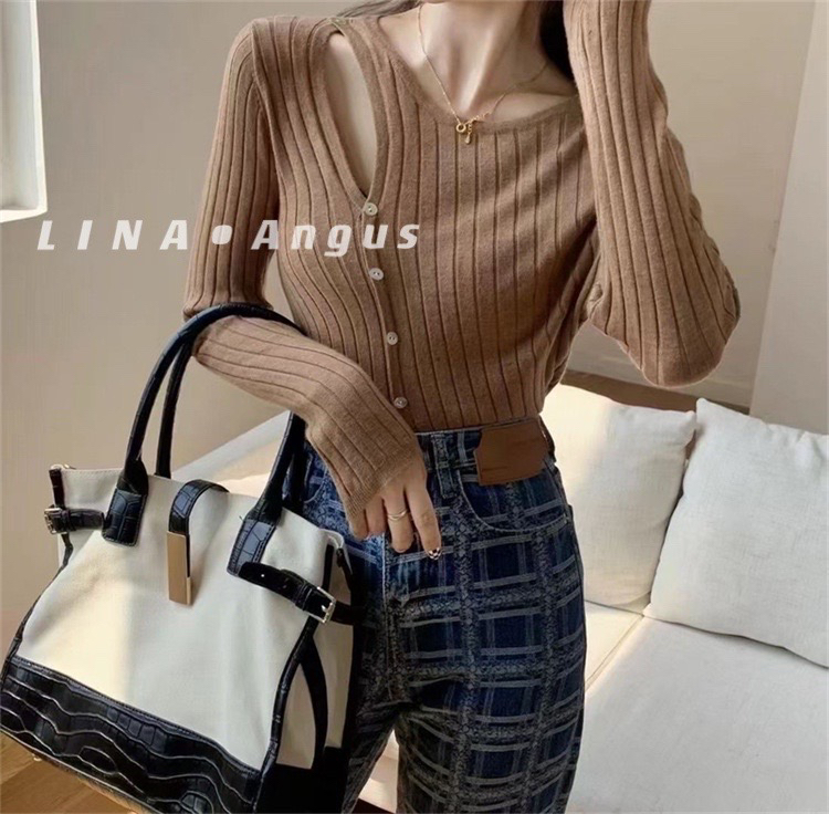 【LINA】2022 autumn new Korean style breasted stretch warm sweater 1729# HJY