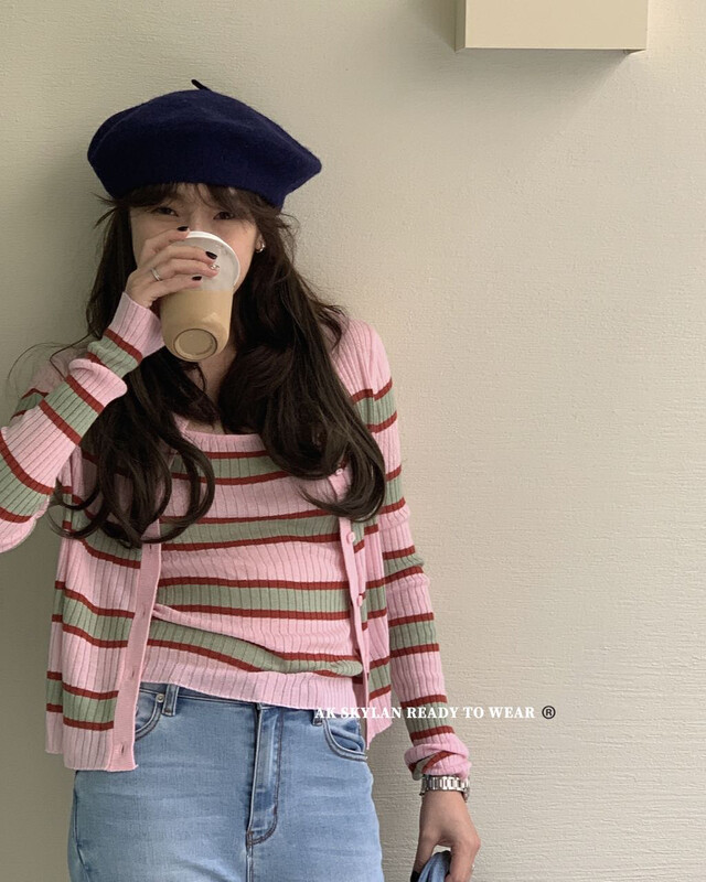 New in early autumn! [A.K SKYLAN] striped knitted cardigan + camisole suit 30057-1-2# ZXL