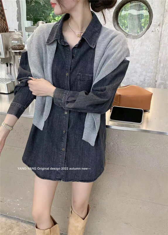 New in autumn! [YANG-YANG] Harajuku style off-the-shoulder denim loose shirt (with shawl) C5138# CLS