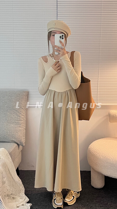Autumn is new!【LINA】Korean elastic hollow design waist dress 7077# HJY