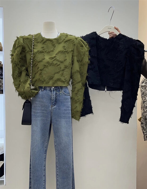 Autumn is new! [MOST] Raw edge design puff sleeves loose small shirt (only small shirts are sold) 97608# ZJY