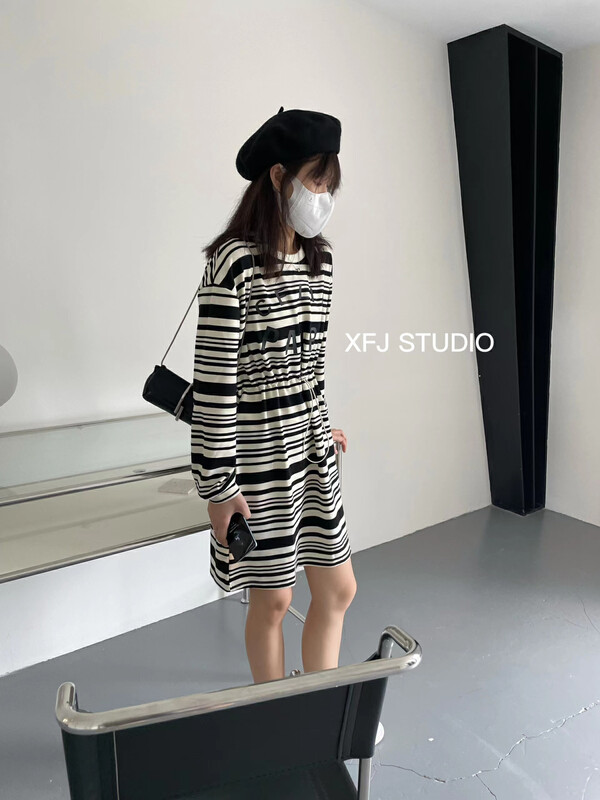 New in autumn! [Xiaofanjia] Striped drawstring waist dress YS2-7059# LSW