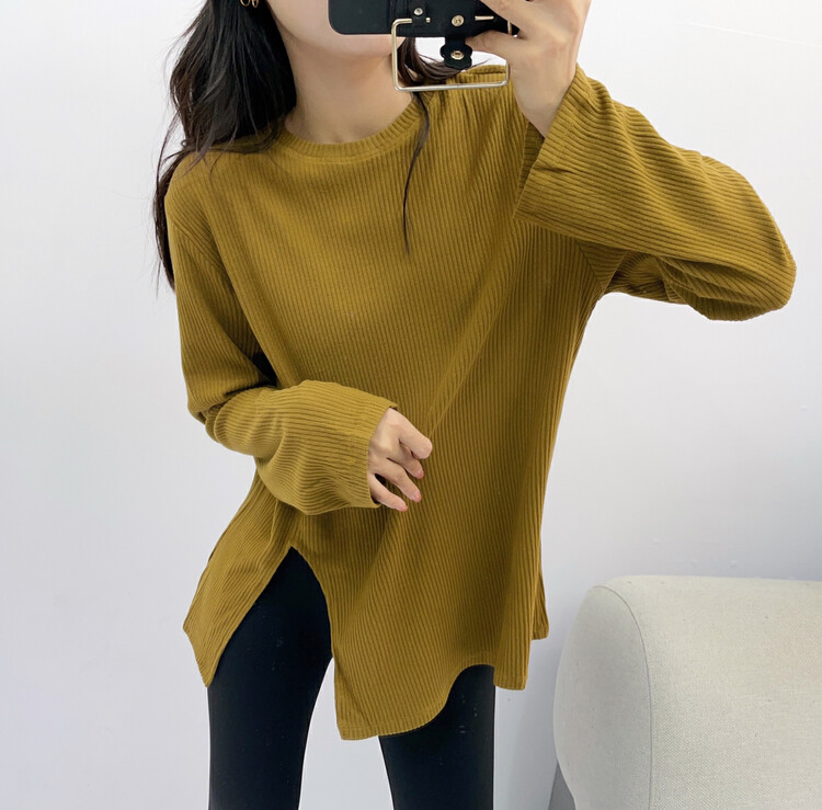 New in autumn! [Xixi] casual fleece slit hem design long-sleeved T-shirt 6612# OZQ