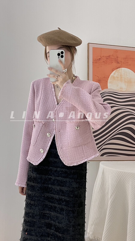 New in autumn!【LINA】V-neck fringed small fragrance short coat 7093# HJY