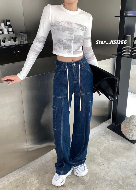 [STAR] Autumn new features handsome overalls loose wide-leg jeans (with waist rope) HS1366