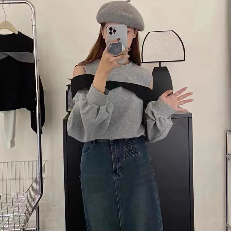 New in autumn! [Xiaofanjia] Korean color-blocked lotus leaf strapless drawstring sweater YS1-7090# LSW
