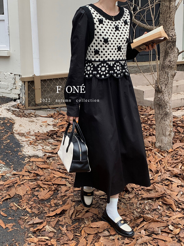 Autumn is new! [F ONE] Korean retro crochet vest + loose and slim dress suit 26176# WPL
