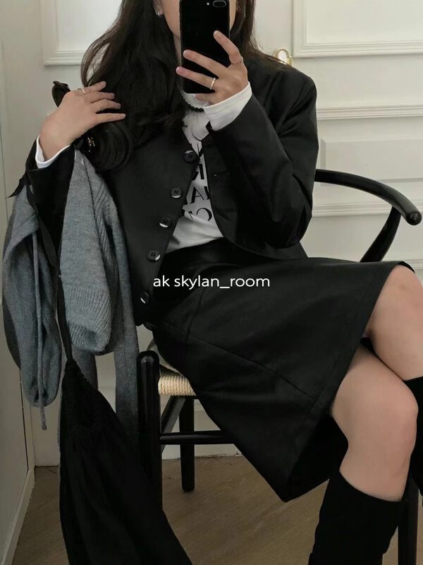 New in autumn!【A.K SKYLAN】Casual all-match leather jacket + solid color simple skirt suit 82698-82699# ZXL