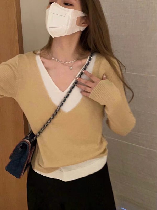 New in autumn!【A.K SKYLAN】Fake two-piece colorblock V-neck sweater 30067# ZXL
