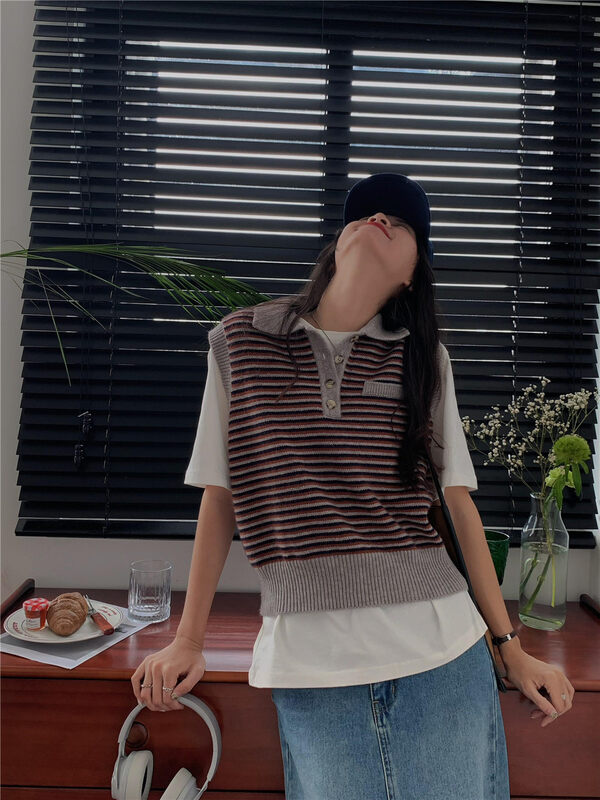 New in autumn! [Rina] Polo collar retro striped vest 323X111# ZXX
