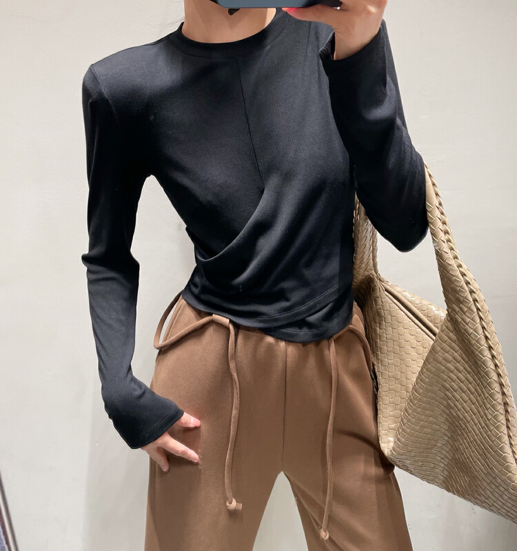 [Xixi] Korean version of the simple irregular long-sleeved T-shirt 5195# OZQ